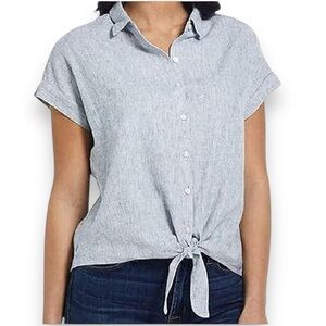 WEATHERPROOF VINTAGE Blue‎ & White Striped Washable Linen Tie Front Top | EUC